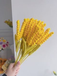 a hand holding yellow flowers in front of a white wall with other flowers behind it