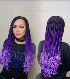 Braided Hairstyles Purple, Fulani Braids Hairstyles With Color, Braids Hairstyles With Color, Hairstyles With Color, Purple Box Braids, Purple Braids, Two Braid Hairstyles, Braids Styling