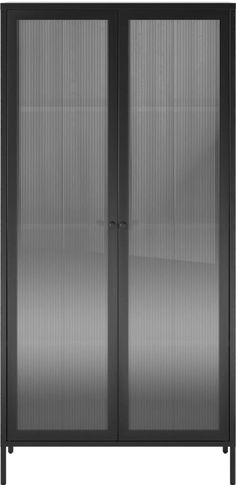 a black cabinet with glass doors and metal handles