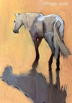 a painting of a white horse standing in the sand with its head down and it's tail up