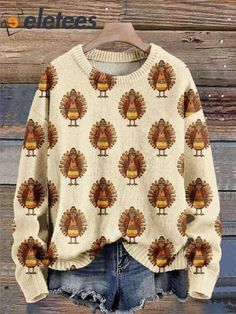 Women’s Thanksgiving Turkey Art Print Knit Pullover Sweater Turkey Art, Turkey Design, Personalized Clothes, Knit Pullover, Thanksgiving Turkey, Knitted Pullover Sweaters, Casual Fit, Knitting Materials, Casual Fits