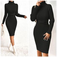 New Luxe Ribbed Bodycon Turtleneck Dress * Long Raglan Sleeve * Soft Stretch Pullover * Turtle Neck * Ribbed Bodycon Midi Pencil Skirt *Approximate Unstretched Measurements* Xs (2) * Bust 22"(Up To 34")* Waist 22" * Hip 22"(Up To 35.75") * Length 40.5" Small (4) * Bust 23.5"(Up To 35.25") * Waist 23.5" * Hip 23.5"(Up To 37.5") * Length 41.25" Medium (6) * Bust 25.25"(Up To 37")* Waist 25.25" * Hip 25.25"(Up To 39") * Length 42" Large (8/10) * Bust 27.5"(Up To 39.25") * Waist 27.5" * Hip 27.5"(Up Turtle Neck Dresses, Bodycon Turtleneck Dress, Turtleneck Dress Long, Midi Dress Winter, Midi Pencil Skirt, Dresses Casual Winter, Turtleneck Dress, Turtleneck Sweater Dress, Knit Turtleneck Sweater