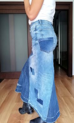 Jeans Skirt Long High Waist Patchwork Design Boho Style for - Etsy Bulgaria Denim Patchwork Long Skirt, Blue Patchwork Skirt, Tunics With Leggings, Long Jean Skirt, Festival Skirts, Dress Out, Upcycled Denim, Jean Skirt, Patchwork Designs