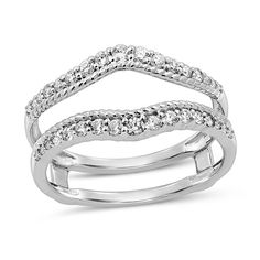 Update her solitaire with this pleasing diamond enhancer. Crafted in 14K white gold, this look features diamonds graduating in size from largest at the center to smallest at the ends on each side of the double-row design. Rope-textured ribbons highlight the contours. Captivating with 3/8 ct. t.w. of diamonds and a bright polished shine, this enhancer is a great complement to her unique style. White Gold Double Band Stackable Rings For Formal Events, Formal White Gold Double Band Stackable Rings, Classic Double Band Anniversary Jewelry, Classic Double Band Jewelry For Anniversary, Formal Double Band Fine Jewelry Rings, Double Band Diamond Ring With Accents, Classic Double Band Diamond Ring For Anniversary, Anniversary Rings With Vs Clarity Double Band, Anniversary Double Band Rings With Vs Clarity