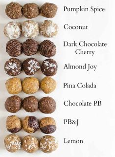 chocolates are arranged in rows on a white background with the words pumpkin spice, coconut, dark chocolate cherry almond joy and pina cola