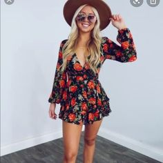 Super Adorable Floral Romper From Shophopes Size Small Zips Up Back Little To No Stretch Throughout Fitted Orange Jumpsuits And Rompers For Fall, Long Sleeve Jumpsuits And Rompers For Beach In Fall, Long Sleeve Jumpsuits And Rompers For Fall Vacation, Chic Orange Jumpsuit And Romper For Vacation, Chic Orange Jumpsuits And Rompers For Vacation, Floral Print Long Sleeve Jumpsuits For Fall, Orange Long Sleeve Jumpsuit For Fall, Long Sleeve Floral Jumpsuit For Fall, Chic Floral Print Jumpsuits And Rompers For Fall