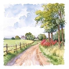 a watercolor painting of a country road with trees and flowers in the foreground