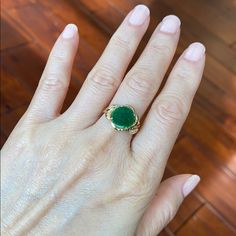 Description: 14k Solid Yellow Gold Round Green Jade Ring Item No.: R00025 Metal Type: 14k Real Gold, Not Filled Or Plated. (Stamped "18k" But Only Pass Our 14k-16k Test, So We Have This For Sale As 14k Gold ) Metal Color: Yellow Gold Type Of Stone: Glass B Jade And Cubic Zirconia Measurement: Size 7. Jade: 10 Mm Approximate Weight: 2.72 Gram(S) Brand New With Box, Never Worn, Luxury Green Diamond Ring Stamped 14k, Luxury 14k Yellow Gold Emerald Ring, Luxury Cushion Cut Emerald Ring In Yellow Gold, Luxury Yellow Gold Cushion Cut Emerald Ring, Luxury 14k Stamped White Gold Emerald Ring, Luxury White Gold Emerald Ring Stamped 14k, Elegant 14k Stamped Round Cut Emerald Ring, Exquisite Cushion Cut Yellow Gold Jewelry, Luxury Green Diamond Ring In 14k Gold