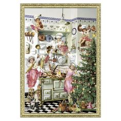 a christmas tree in front of a kitchen with angels and other items on the wall