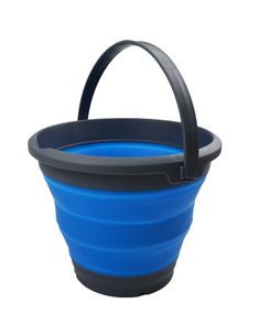 a blue and black plastic bucket with handle