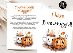 two greeting cards with pumpkins on them and coffee in mugs next to each other