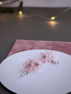 Pink Flower Crystal Earrings, Flower-shaped Crystal Earrings For Gift, Flower Shaped Crystal Earrings For Gift, Pink Flower Crystal Earrings For Gift, Pink Elegant Clip-on Earrings For Anniversary, Elegant Pink Clip-on Earrings For Anniversary, Hypoallergenic Pink Earrings As A Gift For Her, Cute Flower Jewelry For Party, Handmade Pink Crystal Earrings For Wedding