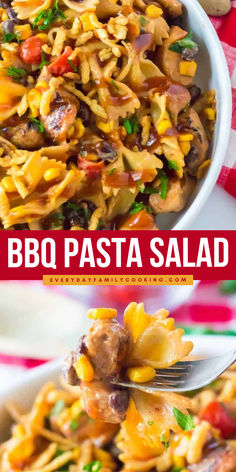 This BBQ chicken salad will be your new go-to summer cookout recipe! Toss together bowtie pasta and chicken in a delicious BBQ ranch sauce then top it with crunchy fried onions! Try this now and eat this recipe on repeat! Bbq Chicken Pasta Salad, Bbq Pasta Salad, Cold Lunch Recipes, Bbq Pasta, Pasta And Chicken, Bbq Chicken Pasta, Bacon Ranch Pasta Salad, Ranch Sauce, Quick Family Dinners