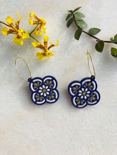 I am very obsessed with Mexican tiles (as well as most things patterned) and I just love these royal blue Mexican tile inspired wooden earrings.   These bold, hand painted wooden statement earrings add a fun pop of color to any outfit and are sure to turn heads. They are made of ⅛ inch wood, which is super lightweight and comfortable to wear, and are always finished with professional quality hypoallergenic and nickel-free metals perfect for the most sensitive of wearers.  Details: -Handmade item Blue Mexican Tile, Mexican Tiles, Wood Earring, Mexican Tile, Polymer Clay Jewelry Diy, Mexican Jewelry, Titanium Earrings, Geometric Studs, Dope Jewelry