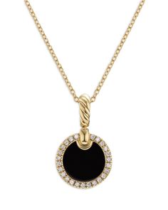 David Yurman Petite Dy Elements Pendant Necklace in 18K Yellow Gold with Black Onyx and Pave Diamonds Formal Black Enamel Diamond Necklace, Luxury Black Necklace For Formal Occasions, Luxury Black Enamel Round Necklace, Formal Black Enamel Round Necklaces, Formal Round Black Enamel Necklaces, Formal Yellow Gold Necklace With Black Enamel, Elegant Onyx Necklace For Evening, Elegant Evening Onyx Necklace, Luxury Onyx Necklaces For Formal Occasions