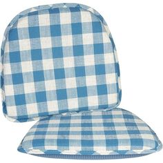 a blue and white checkered chair cushion