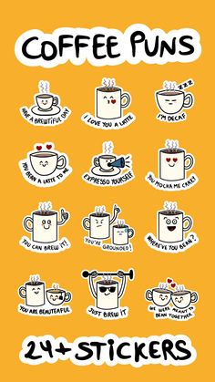 Coffee PunsFununique stickers to share your coffee sense of humorCoffee Puns Download for iPhoneSTEPrimo.com Coffee Shop Quotes, Caffeine Quotes, Cafe Quotes, Coffee Notes, Tea Puns, Coffee Puns, Coffee Shop Signs, Coffee Quotes Funny