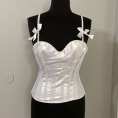 Hot Topic White New With Tags Pet Friendly Home White Camisole Corset With Straps, White Party Camisole With Straps, White Strappy Camisole For Party, White Camisole For Party, White Camisole With Built-in Bra For Wedding, White Satin Camisole For Party, White Wedding Camisole With Built-in Bra, White Camisole With Straps, Feminine White Camisole For Party