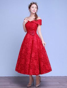 Fitted A-line Off Shoulder Dress For Prom, Knee-length Evening Dress For Banquet, Knee-length Evening Dress For Wedding, Fitted Off-shoulder Dress For Gala, Red Sleeveless Off Shoulder Dress, Red Sleeveless Off-shoulder Dress, Evening Banquet Midi Length Dress, Fitted Boat Neck Midi Dress For Party, Midi Length Dresses For Wedding Galas