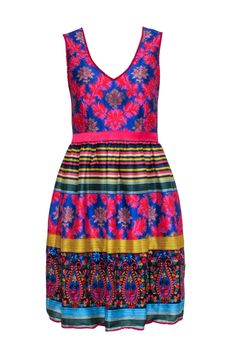 Current Boutique-Payal Jain - Pink, Blue & Multi Color Dress Sz 2 Vibrant Multicolor Print Dress For Garden Party, Multicolor Print Sundress For Garden Party, V-neck Dress With Colorful Pattern For Party, Blue Printed Dresses For Party, Blue Printed Party Dress, Multicolor Print V-neck Party Dress, Sleeveless Multicolor Print Party Dress, Festive Printed Dress For Vacation, Festive Printed Vacation Dresses