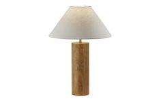 a wooden table lamp with a white shade