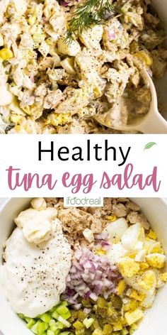 healthy tuna egg salad in a white bowl with text overlay that says healthy tuna egg salad