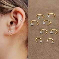 Womens 925 Sterling Silver CZ Crystal Small Hoop Earrings Trendy Stud Earrings | eBay Delicate Ear Piercings Classy, Elegant Small Hoop Nose Rings For Gift, Second Stud Earrings, Dupatta Styling, Earrings Without Piercing, Trendy Stud Earrings, Cool Ear Piercings, 3 Earrings, Earrings Trendy