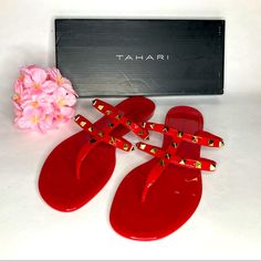 Brand New With Tags Tahari Jelly Rockstud Slide Sandals Red Pvc With Gold Rockstuds Sizes 6(No Box), 6.5, 7(Sold), 7.5, 8(No Box), 8.5(No Box) And 9 Are Available Bundle & Save! Casual Red Jelly Sandals For Beach, Red Jelly Sandals For Summer Beach, Trendy Red Jelly Sandals For Beach, Red Flat Jelly Sandals For Beach, Red Open Toe Jelly Sandals For Beach, Trendy Red Sandals For Beach Season, Red Synthetic Jelly Sandals For Beach, Red Toe Post Flip Flops For Vacation, Red Flat Jelly Sandals For Party