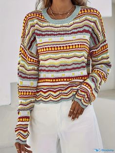 Orcajump - Plus Size Casual Sweater, Women's Plus Colorblock Geometric Print Long Sleeve Round Neck Jumper Multicolor Long Sleeve Sweater With Geometric Pattern, Multicolor Geometric Pattern Long Sleeve Sweater, Multicolor Acrylic Crew Neck Top, Sweater Women's, Casual Sweater, Sweater Women, Casual Sweaters, Plus Size Casual, Geometric Print