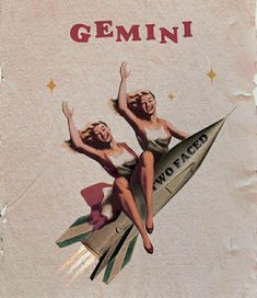 two women are sitting on top of a rocket with the words gemin above them