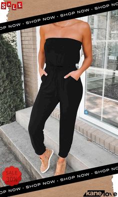 Cotton Solid Strapless Drawstring Pocket Jumpsuit