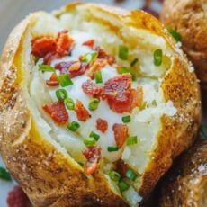 baked potatoes with bacon and cheese on a plate