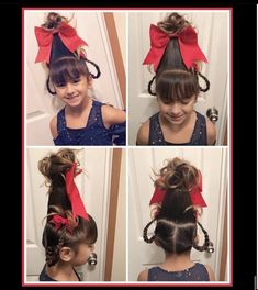 Who Inspired Hairdos Grinch, Grinch Day Hair Ideas, How To Do Cindy Lou Who Hair For Kids, Cindy Lou Hair How To Do, Cindy Lue Who Hair, Easy Cindy Lou Who Hair For Kids, Grinch Day At School Outfit, Whoville Hairstyles Easy, Crazy Christmas Hairstyles For Kids