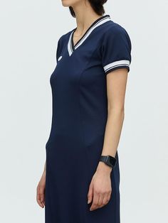 This is a trendy and casual dress by MENASOO that is made out of high quality and sturdy material. With distinctive mood of the design and comfortable wear, you can style it for your casual daily outfit.- Color point on the neck and cuffs ribbing- Logo embroidery on the front chest- Sporty and casual mood Navy Casual Short Sleeve Midi Dress, Navy Short Sleeve Casual Midi Dress, Casual Navy Mini Dress, Navy Fitted Casual Midi Dress, Casual Navy Mini Dress Knee-length, Casual Navy Mini Dress For Work, Navy Casual Mini Dress With Short Sleeves, Logo Embroidery, Jersey Dress