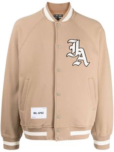 sand beige cotton blend stretch-design stripe detailing embroidered logo to the rear baseball collar front press-stud fastening two side welt pockets long sleeves elasticated cuffs and hem Beige Outerwear With Ribbed Crew Neck Collar, Beige Outerwear With Ribbed Crew Neck, Cotton Track Jacket With Baseball Collar, Spring Cotton Varsity Jacket With Crew Neck, Cotton Track Jacket With Ribbed Cuffs For Work, Cotton Track Jacket For Workwear, Sporty Spring Outerwear With Logo Patch, Spring Sporty Outerwear With Logo Patch, Varsity Jacket With Logo Detail For Streetwear