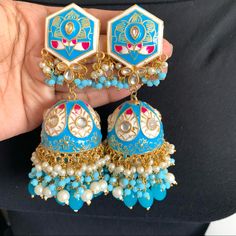 Beautiful Jaipuri Meenakari Work With Premium Quality Beads Original Jhumka Authentic Jhumka Accessories Indian, Dress Book, Pakistani Jewelry, Stylish Dress Book, Boutique Accessories, Stylish Dresses, Festival Captain Hat, Blue White, Premium Quality