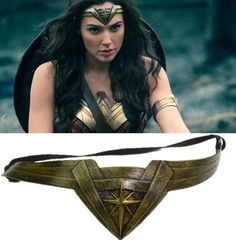 wonder woman cosplay costume belt with wings and headpieces on display next to an image of wonder woman