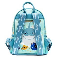 This LIMITED EDITION Finding Nemofashion mini backpack features the characters from Finding Nemo including Nemo and Squirt on the front with Pearl on the pocket, all in beautiful, bright colors. The side pouches show more of their friends. The back of the bag shows Bruce the shark sneaking up on an unassuming Nemo and Dory. The bag has fabric straps perfect for puttingpins on. Disney Backpack For Theme Park And Back To School, Cute Backpack For Back To School And Theme Park, Disney Backpack For Back To School, Disney Backpack For Daily Use And Back To School, Disney Backpack With Zipper Closure For Daily Use, Disney Back To School Bags With Zipper Closure, Character Backpacks For Disney Trips, Disney Style Bags With Zipper For Back To School, Character Backpack For Disney Trips