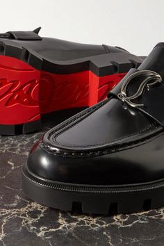 Christian Louboutin Cl Moc Lug Embellished Glossed-Leather Loafers In Black | Editorialist Christian Louboutin Shoes Mens, Louboutin Shoes Mens, Embellished Shoes, Red Louboutin, Walk In My Shoes, Patent Leather Loafers, Christian Louboutin Men, Chelsea Boots Men, Christian Louboutin Women