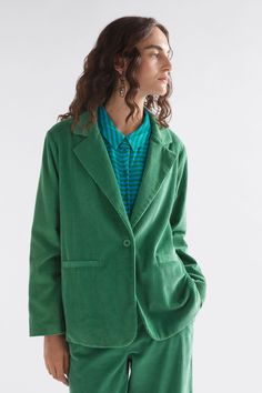 Rhes Chunky Cord Single Button Blazer Model Front | SEA GREEN Autumn Wardrobe, Single Button Blazer, Color Pairing, Cuff Detail, Black Trousers, 70s Inspired, Blazer Buttons, Sea Green, Cotton Cord