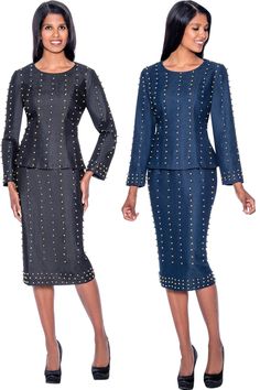 Devine Sport 63672 2 piece Pearl Embellished Denim Skirt Suit Colors: Black, Navy Sizes: 8, 10, 12, 14, 16, 16W, 18, 18W, 20W, 22W, 24W, 26W Spring 2023 Casual, Dressy Denim, Printed Denim Dress, Suit Colors, Womens Casual Suits, Printed Denim Pants, Casual Suits, Church Suits, Denim Suit