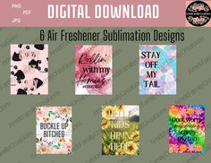 the 6 air freshener sublimation designs are available for purchase on this site