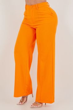 Stand out in style with these vibrant orange pants that are perfect for any occasion. Made from high-quality fabric, these pants offer both comfort and style. Feature 1: High waist design for a flattering fit Feature 2: Front zipper and pockets for added convenience Feature 3: Wide leg for a trendy look Feature 4: Stretchable material for ease of movement Model is wearing a size Large Orange Wide Leg Pants With Pockets For Fall, Orange Solid Bottoms For Spring, Orange Solid Color Bottoms For Spring, Fitted Orange Straight Pants, Orange High-waisted Wide Leg Pants For Fall, Stretch Orange Bottoms Solid Color, High-waisted Wide Leg Orange Pants For Fall, Orange Bottoms For Summer, Trendy Orange Wide Leg Pants