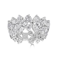 a white gold and diamond ring with leaves on the front, surrounded by smaller diamonds