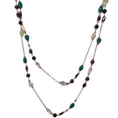 This multicolored beaded necklace has a stunning blend of colors. CO70622 *C-8-LC-G* Elegant Green Beaded Chain Necklace, Party Necklaces With Polished Round Beads, Elegant Multicolor Crystal Necklaces For Gifts, Elegant Colorful Beaded Chain Necklace For Party, Elegant Party Chain Necklace With Colorful Beads, Multicolor Beaded Chain Layered Necklace As Gift, Multicolor Beaded Chain Layered Necklace For Gift, Multicolor Bohemian Necklace With Round Beads, Multicolor Beaded Chain Long Necklace For Party