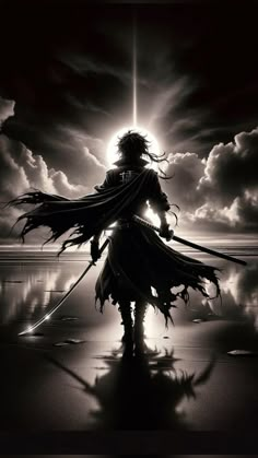 an anime character with long hair holding two swords in front of clouds and the sun behind him