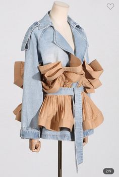 Part denim peplum jacket long sleeve with detachable belt pre order item with delivery date of mid September order now to secure delivery Ruffled Denim Jacket, Ikat Kepala, Jaket Denim, Denim Patterns, Jacket For Women, Cow Boy, Mixing Fabrics, Colored Denim, Color Khaki