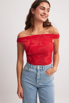 Off shoulder Waterfall Top Red Off-shoulder Top For Night Out, Red Off-shoulder Top For Evening, Red Fitted Off-shoulder Top, Summer Tops With Wide Neckline For Night Out, Wide Neckline Tops For Summer Night Out, Red Off-shoulder Tops, Red Off-shoulder Top For Spring, Fitted Off-shoulder Floral Print Top, Elegant Off-shoulder Floral Print Tops