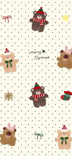 a christmas card with teddy bears wearing hats, scarves and mittens on them