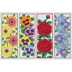 three cross stitch bookmarks with flowers and numbers on each one, all in different colors